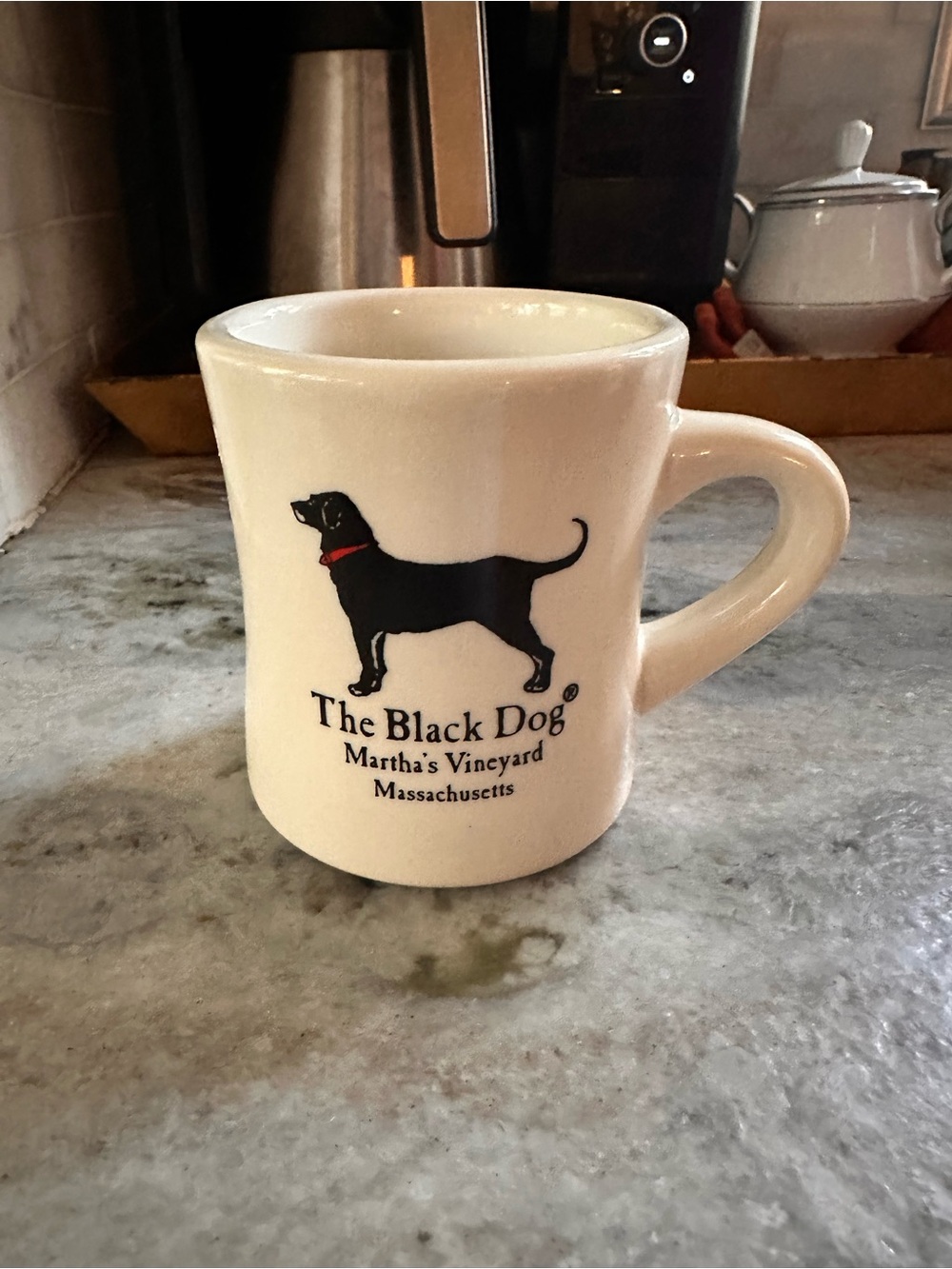 The Black Dog Cream Mug with Black Dog Logo and Red Collar